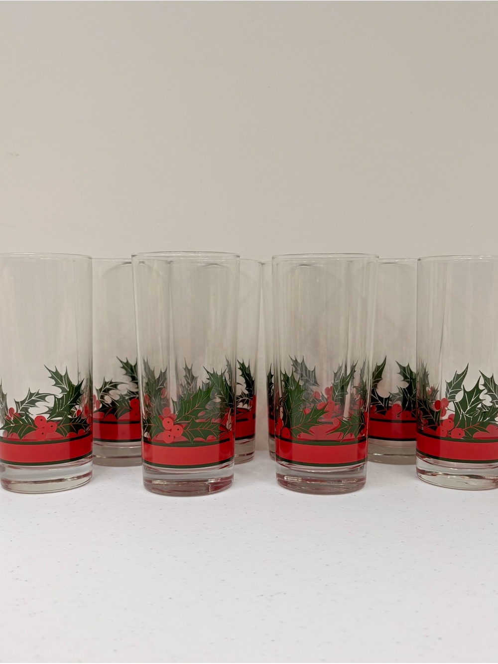 Vintage Libbey Christmas Holly And Berries 6.5” Highball Water Glass Set Of 8